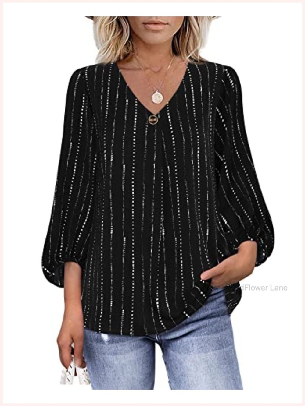 Womens Chiffon Blouse Lantern 3/4 Sleeve V Neck Loose Tunic Top